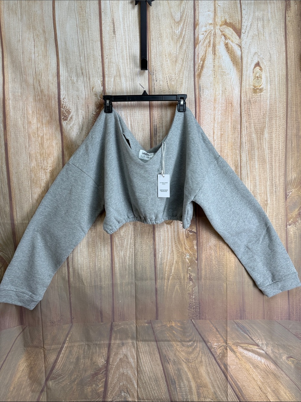 NWT La Voute Lounge Crop Heather Gray Sweatshirt - V-Neck Long Sleeve Size 3XL